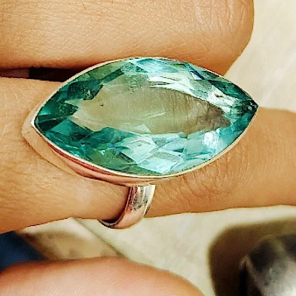 Sterling Silver Aquamarine Zircon Ring, Large Stone, Cocktail - Picture 3 of 7